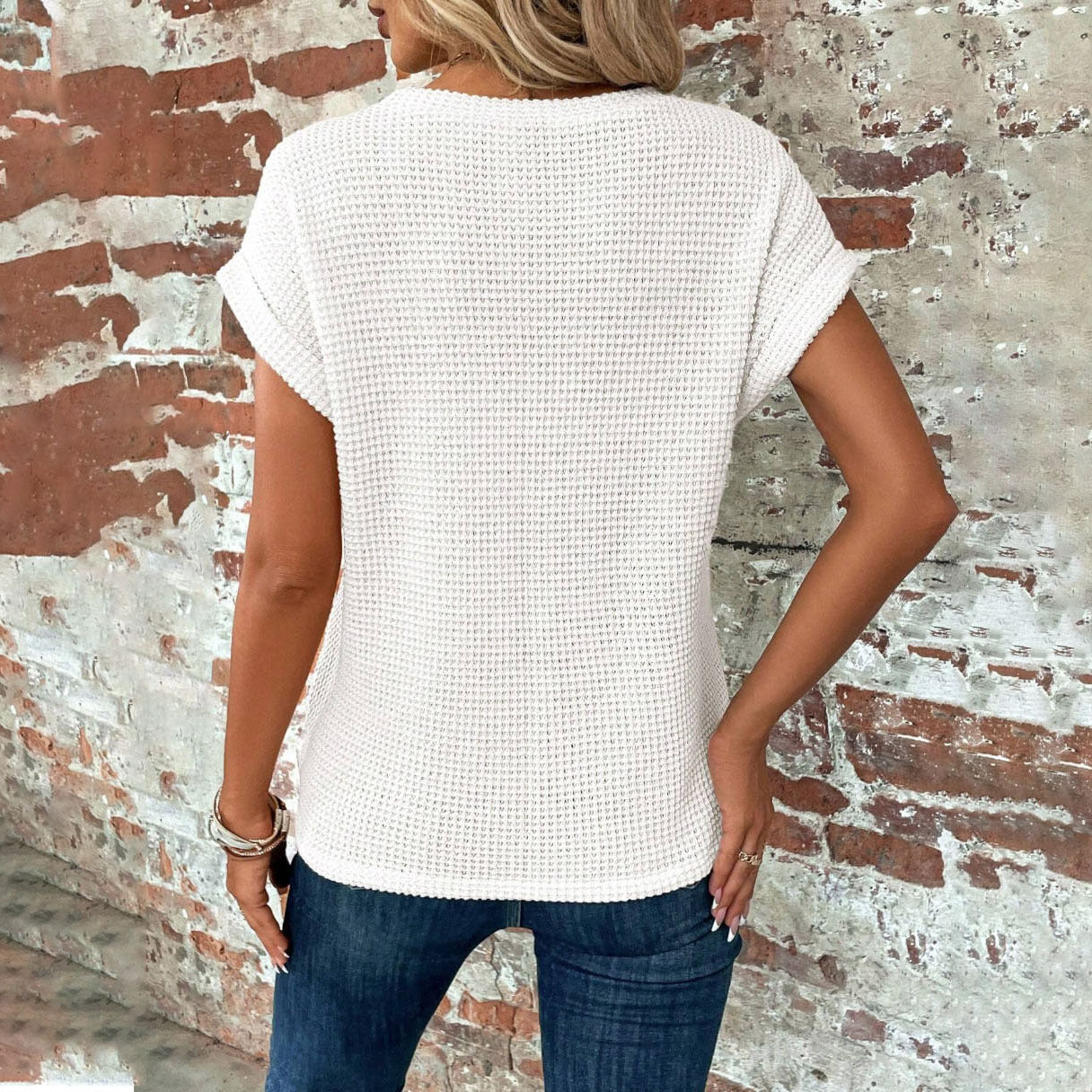 Short-Sleeved Waffle T-Shirt Summer New Solid Color Crew Neck Top for Womens Clothing