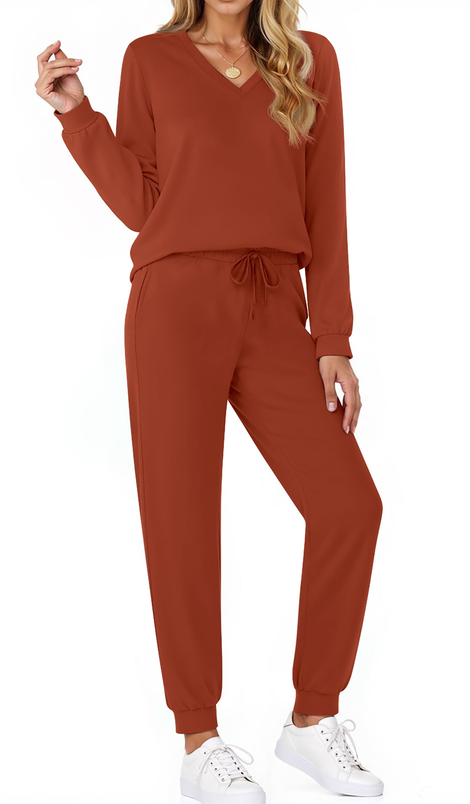 Two Piece Sets for Women Fall Outfits Fashion Lounge Sets V Neck Tops Long Pants Tracksuit Vacation Travel Outfits