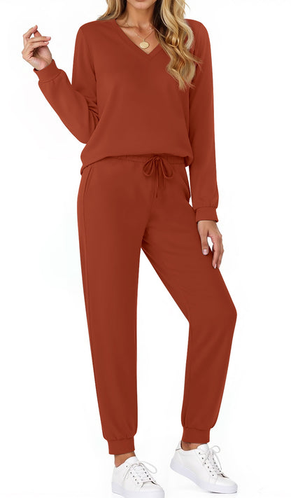 Two Piece Sets for Women Fall Outfits Fashion Lounge Sets V Neck Tops Long Pants Tracksuit Vacation Travel Outfits