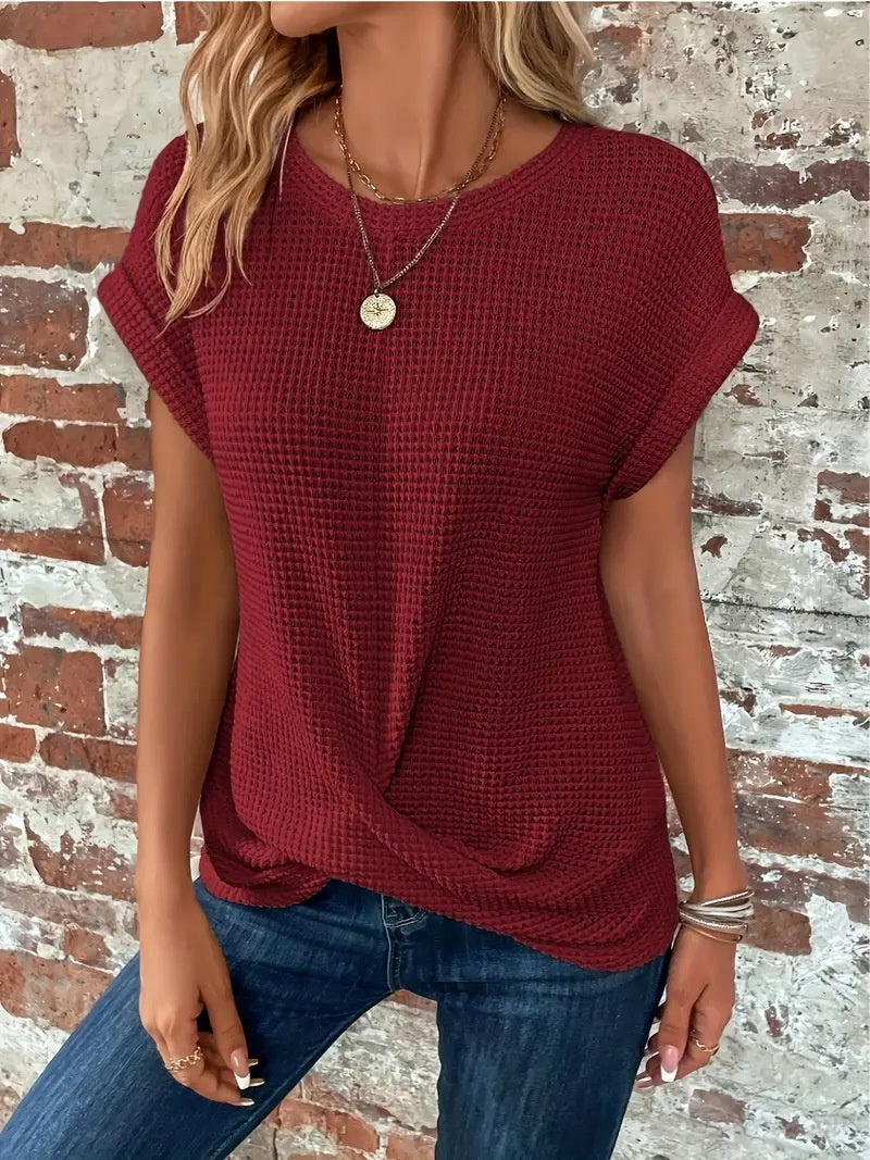 Short-Sleeved Waffle T-Shirt Summer New Solid Color Crew Neck Top for Womens Clothing