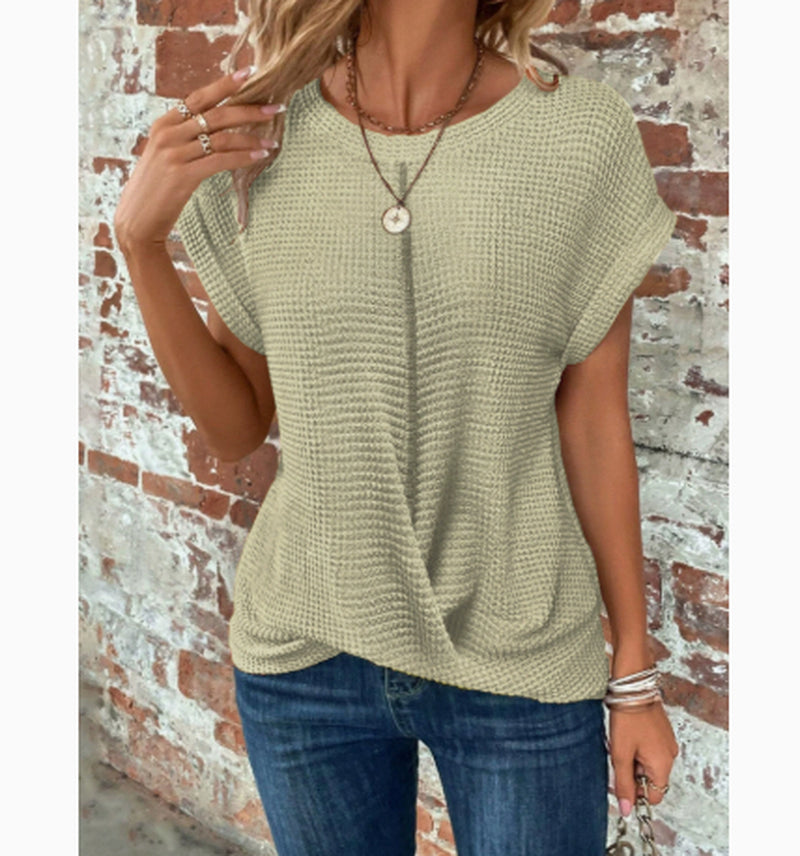 Short-Sleeved Waffle T-Shirt Summer New Solid Color Crew Neck Top for Womens Clothing