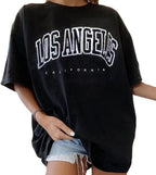 Women’S Casual Letter Graphic Print Short Sleeve Tunic Tops round Neck Loose Tee Oversized Drop Shoulder Longline T Shirts