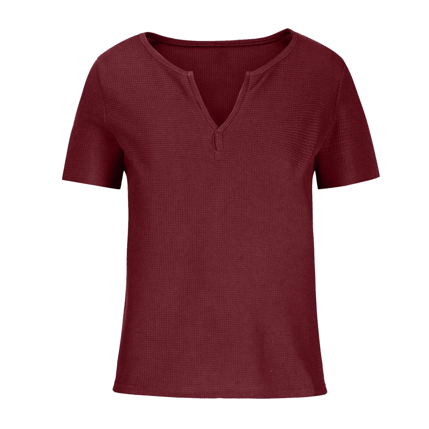 Waffle Knit Short Sleeve Tops for Women Summer V Neck Henley Shirts plus Size Lightweight Solid Color Tunic Blouses Vacation Sale,Wine,S