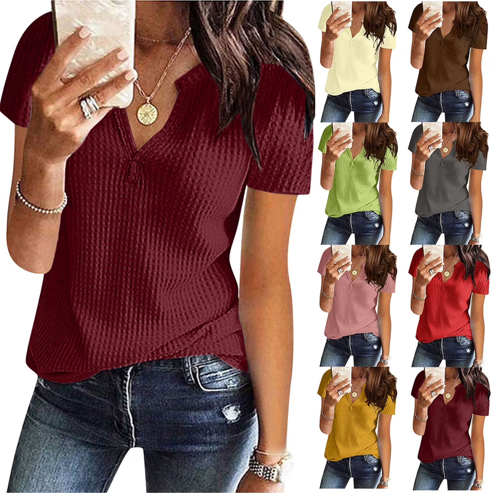 Waffle Knit Short Sleeve Tops for Women Summer V Neck Henley Shirts plus Size Lightweight Solid Color Tunic Blouses Vacation Sale,Wine,S