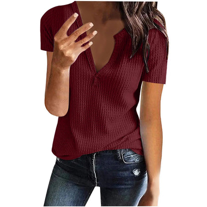 Waffle Knit Short Sleeve Tops for Women Summer V Neck Henley Shirts plus Size Lightweight Solid Color Tunic Blouses Vacation Sale,Wine,S