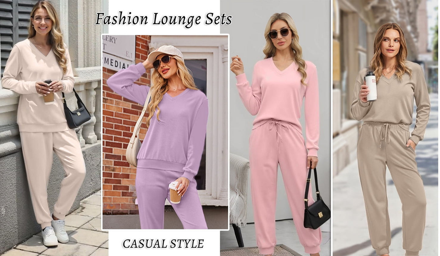 Two Piece Sets for Women Fall Outfits Fashion Lounge Sets V Neck Tops Long Pants Tracksuit Vacation Travel Outfits