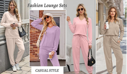 Two Piece Sets for Women Fall Outfits Fashion Lounge Sets V Neck Tops Long Pants Tracksuit Vacation Travel Outfits