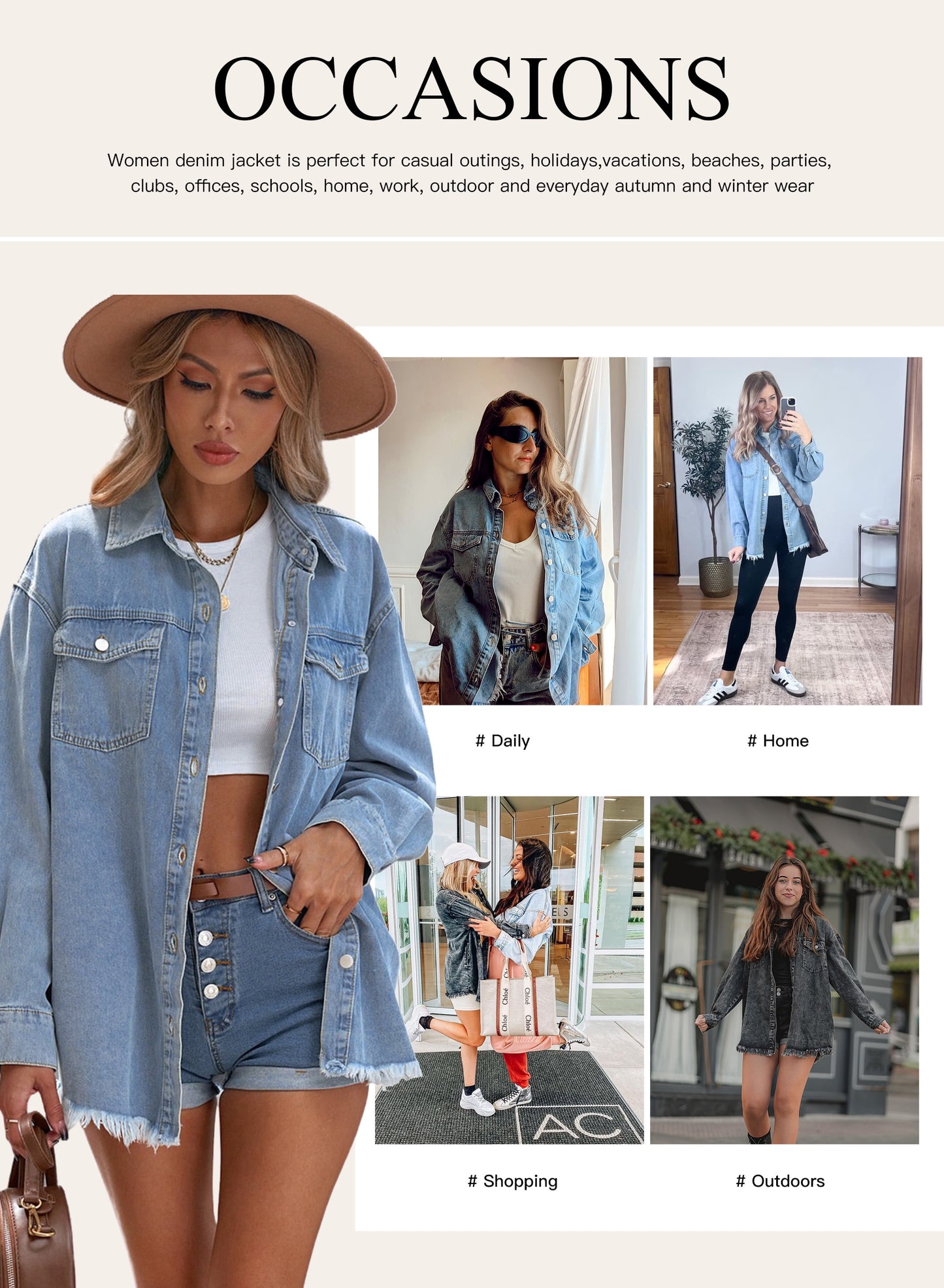 Denim Jacket for Women Long Sleeve Boyfriend Jean Jacket Loose Coat White XL Female