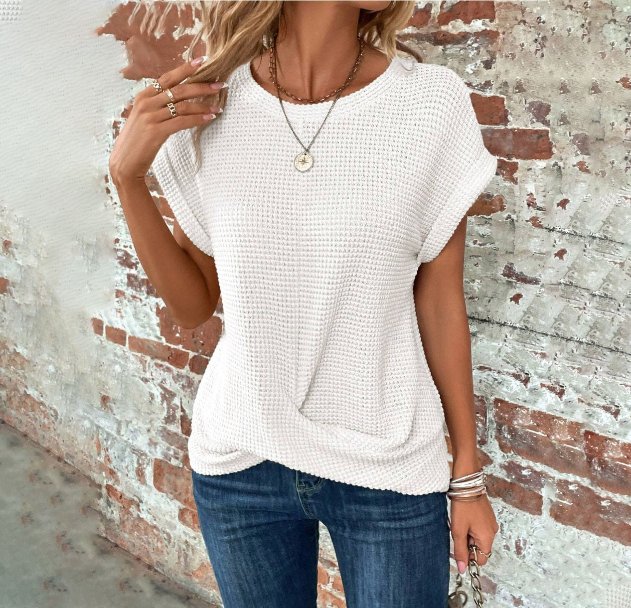 Short-Sleeved Waffle T-Shirt Summer New Solid Color Crew Neck Top for Womens Clothing