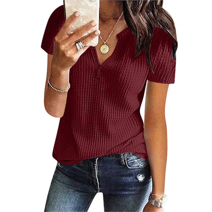 Waffle Knit Short Sleeve Tops for Women Summer V Neck Henley Shirts plus Size Lightweight Solid Color Tunic Blouses Vacation Sale,Wine,S