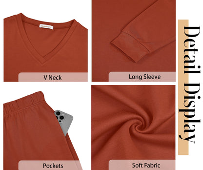 Two Piece Sets for Women Fall Outfits Fashion Lounge Sets V Neck Tops Long Pants Tracksuit Vacation Travel Outfits