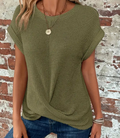 Short-Sleeved Waffle T-Shirt Summer New Solid Color Crew Neck Top for Womens Clothing