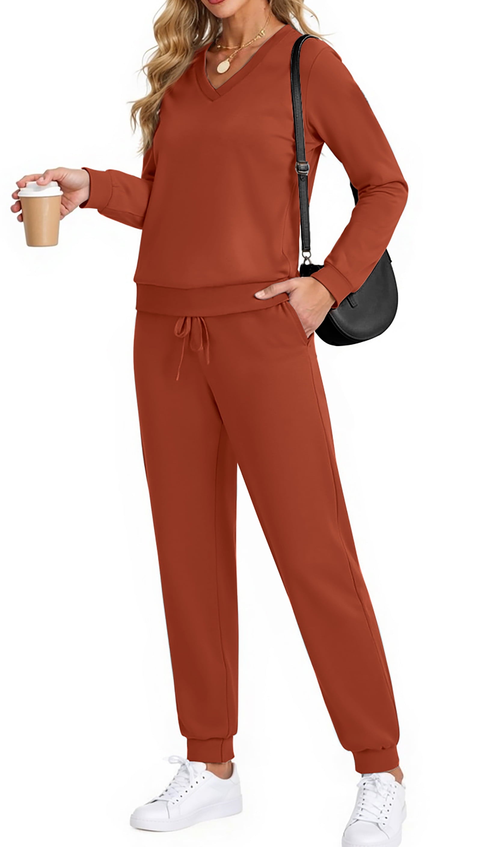 Two Piece Sets for Women Fall Outfits Fashion Lounge Sets V Neck Tops Long Pants Tracksuit Vacation Travel Outfits