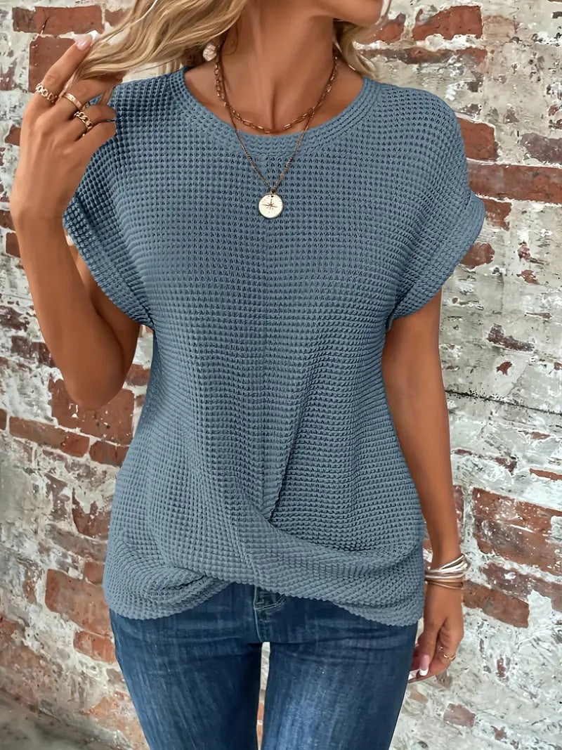 Short-Sleeved Waffle T-Shirt Summer New Solid Color Crew Neck Top for Womens Clothing