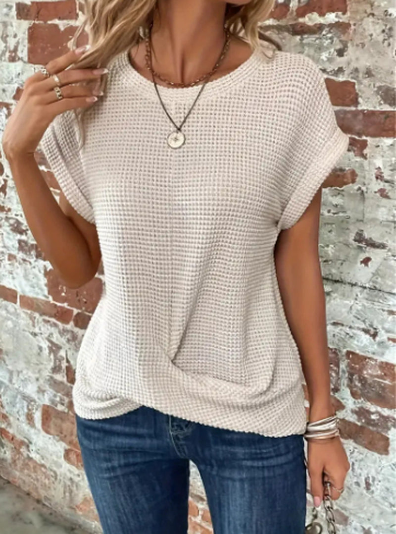 Short-Sleeved Waffle T-Shirt Summer New Solid Color Crew Neck Top for Womens Clothing