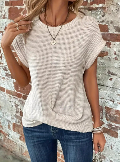 Short-Sleeved Waffle T-Shirt Summer New Solid Color Crew Neck Top for Womens Clothing