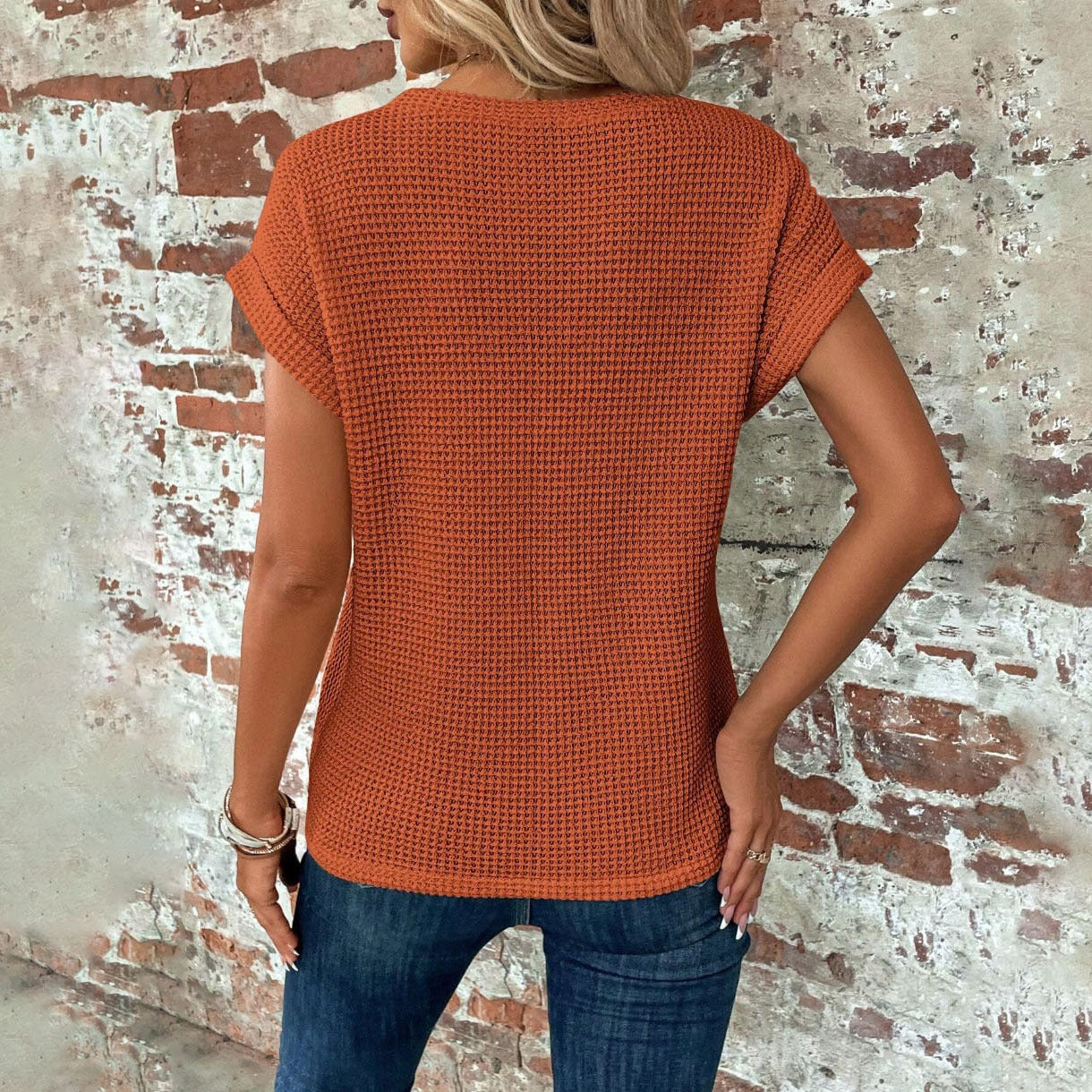 Short-Sleeved Waffle T-Shirt Summer New Solid Color Crew Neck Top for Womens Clothing